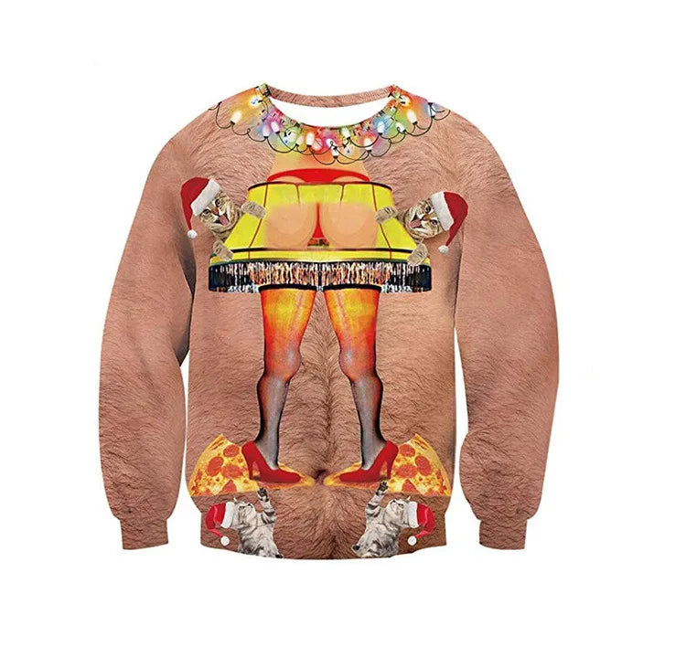 Surreal sweater with festive lights, a yellow lampshade skirt, fishnet legs in red heels, and Christmas cats on a hairy background with pizza slices.