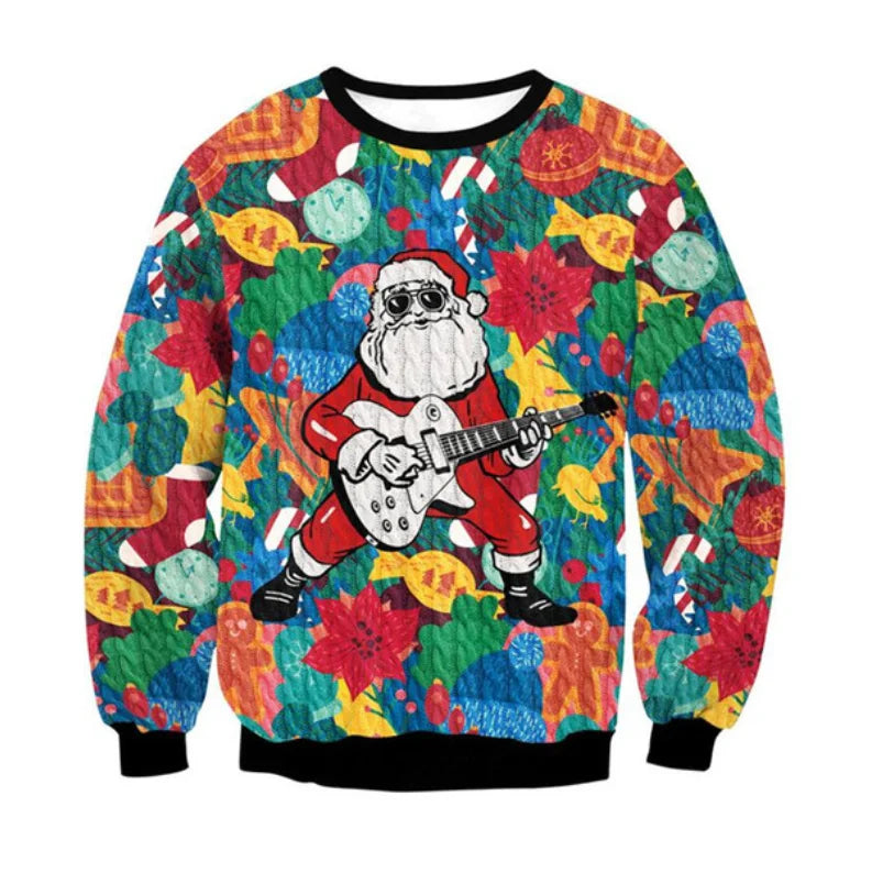 Festive sweater featuring Santa playing an electric guitar, surrounded by colorful Christmas-themed decorations like ornaments, poinsettias, and candy canes on a quilted pattern.