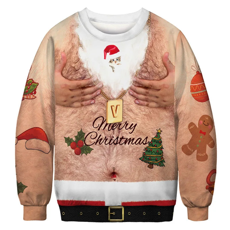 Novelty Christmas sweater featuring a realistic hairy chest with tattoo design, hands, and festive icons like a Santa hat, gingerbread man, and Christmas tree, with "Merry Christmas" text.
