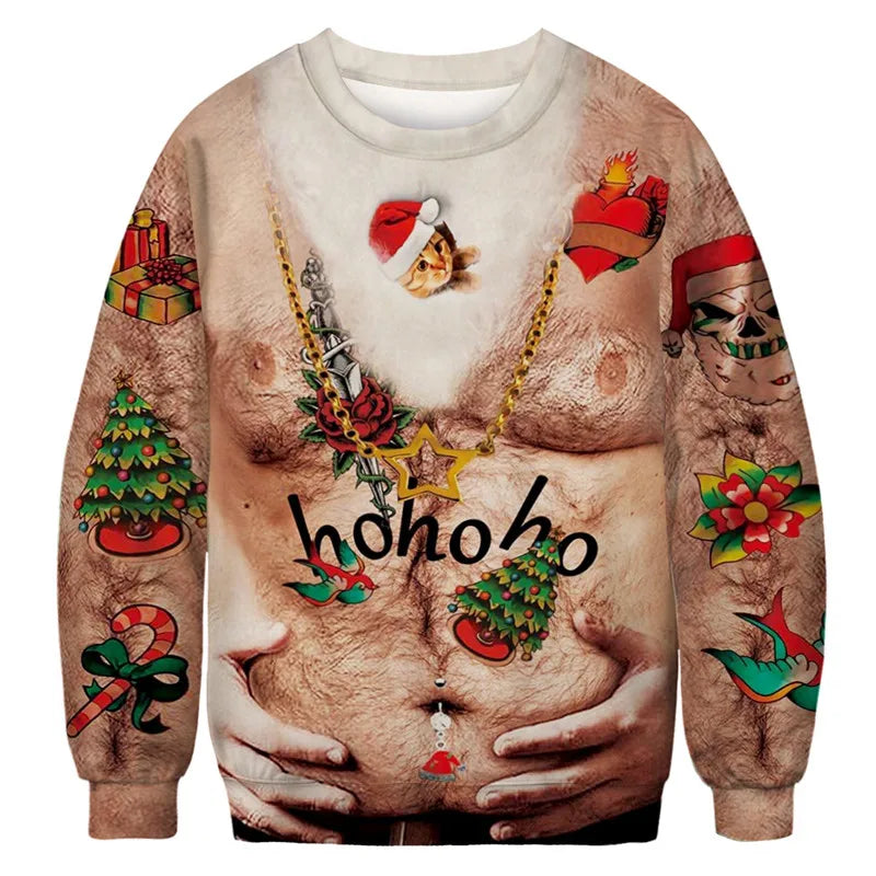 Christmas sweater depicting a hairy torso with festive tattoos, including Santa hats, Christmas trees, candy canes, and "hohoho" across the chest. Novelty design with humorous elements.
