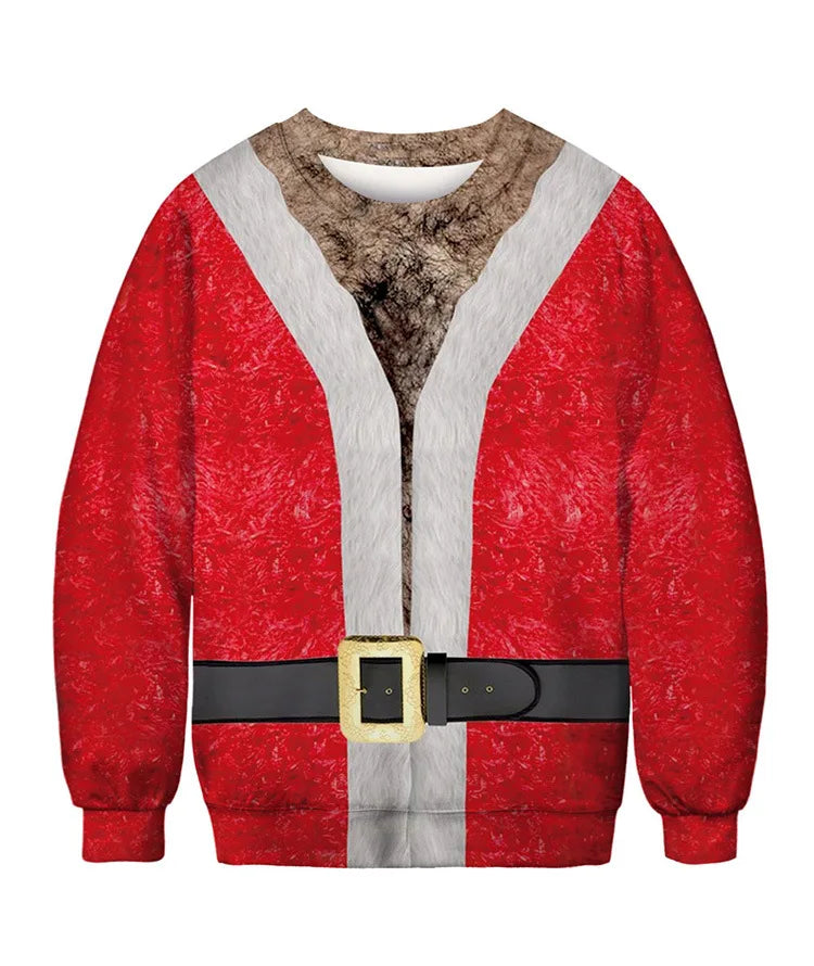 A festive sweater designed to resemble Santa's suit, featuring a fluffy red texture, white fur trim, and a black belt with a gold buckle printed on the fabric.