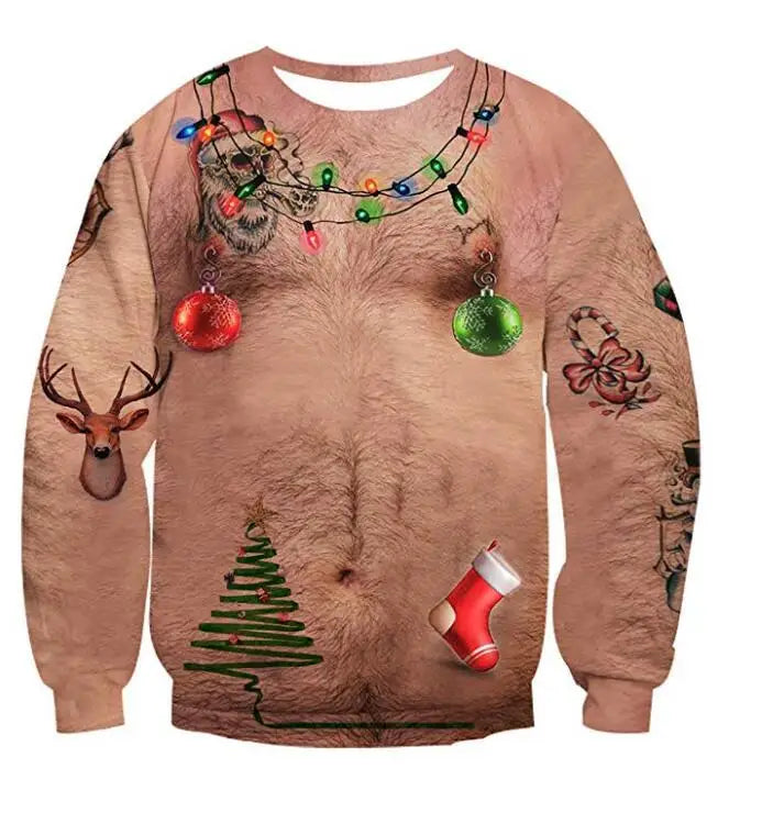Novelty Christmas sweater featuring a photorealistic hairy chest with ornaments, colorful lights, a reindeer, tattoos, a Christmas tree, and a stocking design.