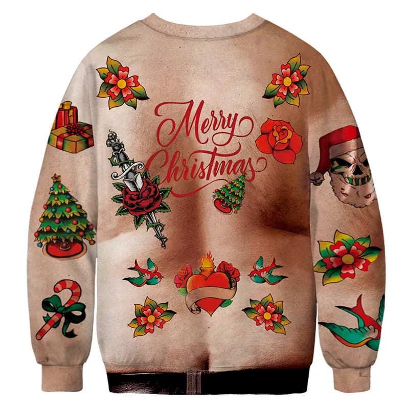 Ugly Christmas sweater with a design mimicking a tattooed chest. Features "Merry Christmas," roses, candles, skull, and festive symbols like trees and candy canes.