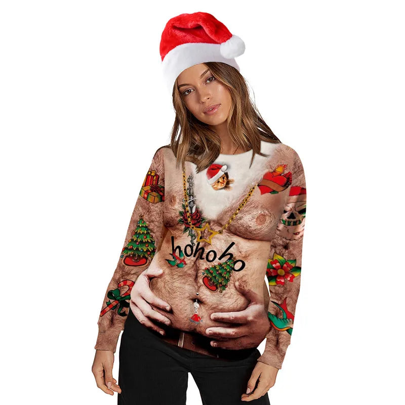 Woman wearing a Santa hat and a humorous sweater depicting a hairy chest with festive decorations and the word "hohoho," creating an optical illusion. She poses with a relaxed expression.