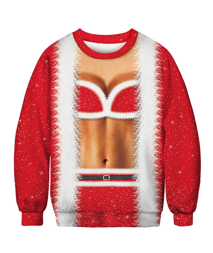 Festive sweater with a printed design of a Santa outfit revealing a toned torso, complete with a red and white trim, belt, and starry pattern.