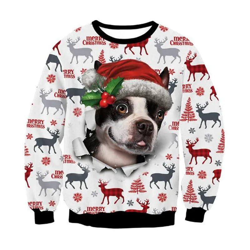 Festive sweatshirt featuring a Boston Terrier wearing a Santa hat surrounded by reindeer, snowflakes, and "Merry Christmas" text on a white background.