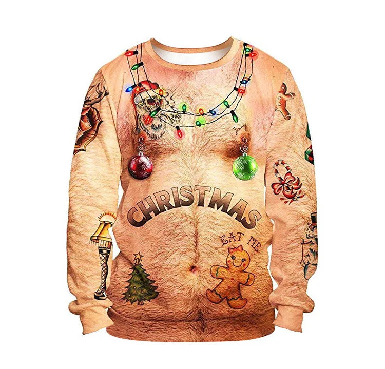 Christmas-themed sweater mimicking a hairy chest, with tattoo-style designs including ornaments, lights, gingerbread man, tree, and leg lamp. "Christmas" text across the middle.