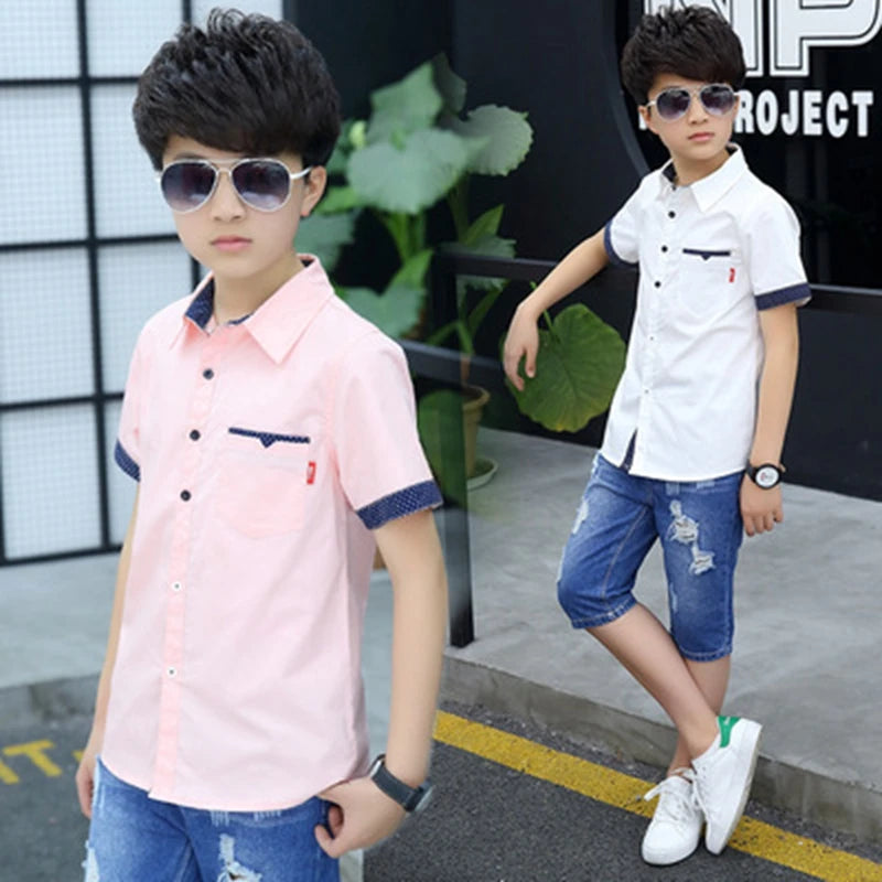 Boys Short Sleeve School Shirts - Cotton Turn-Down Collar Tops