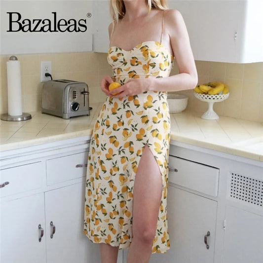 Chic Lemon Print Summer Party Dress