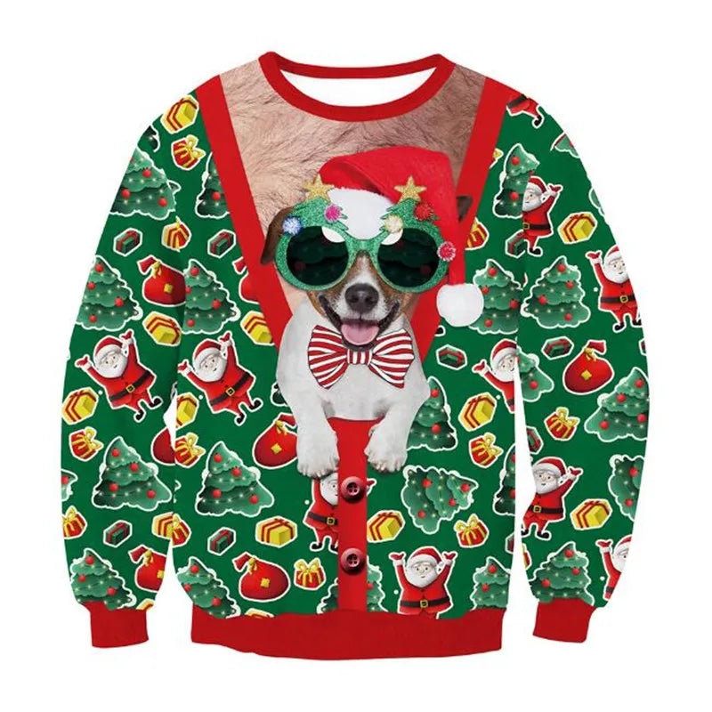 Festive sweater featuring a dog in Santa outfit and glittery glasses on a green background with Christmas trees, Santa figures, and presents. Red cuffs and collar for contrast.