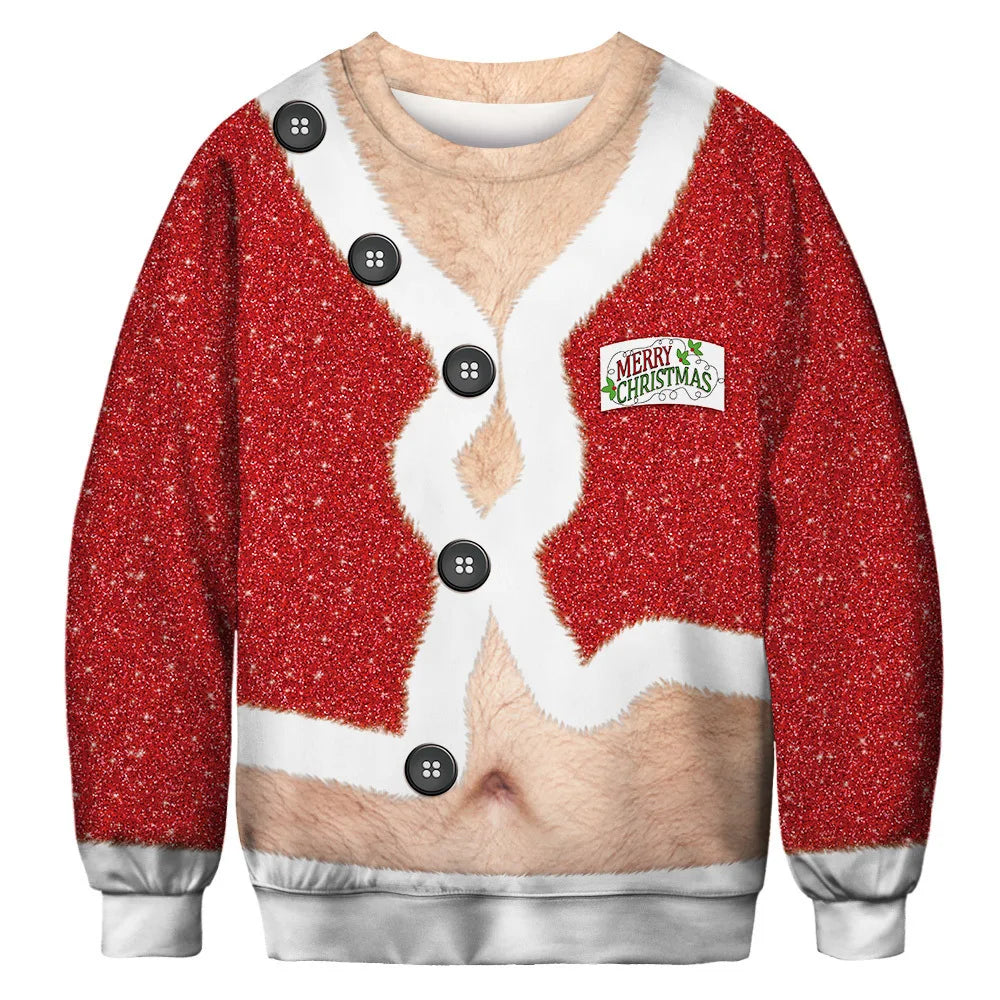 Red Christmas sweater with faux hairy chest design resembling an open jacket. It has black buttons and a "Merry Christmas" label. White cuffs and hem complete the festive look.