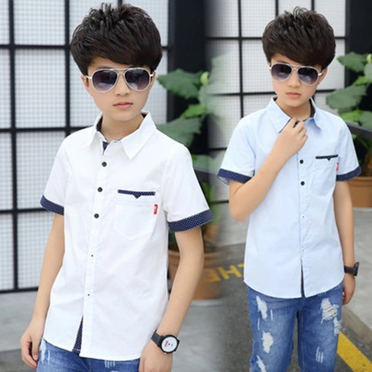 Boys Short Sleeve School Shirts - Cotton Turn-Down Collar Tops