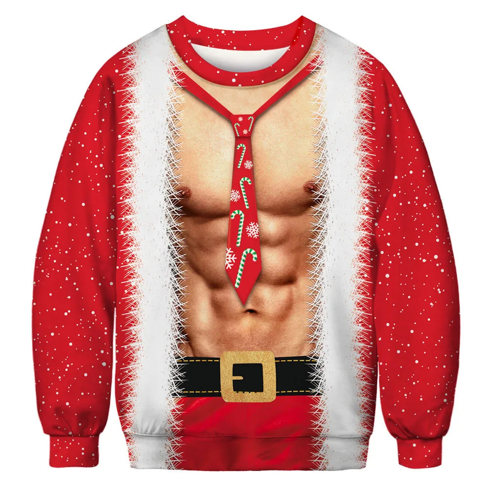 Festive sweater with a Santa suit design, featuring a muscular torso illustration, red tie with candy canes and snowflakes, and snowy red sleeves with a printed belt.