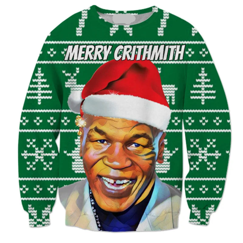 Green Christmas sweater with festive patterns, featuring a smiling man wearing a Santa hat. The text reads "Merry Crithmith," resembling a playful holiday greeting.