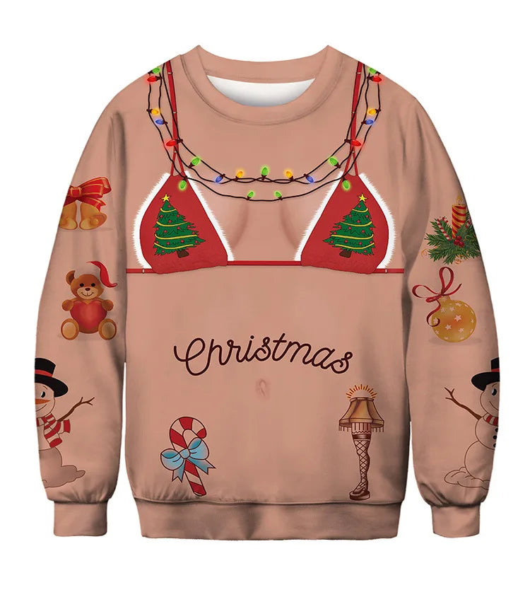 Festive Christmas sweater with a humorous bikini design, decorated with lights, trees, and holiday motifs like snowmen, teddy bears, candy canes, and ornaments.