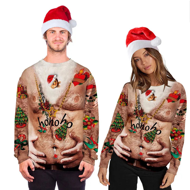 Two people wearing Christmas sweaters with a hairy chest print, Santa hats, and festive designs like gifts and trees. The sweaters say "ho ho ho" in black letters.