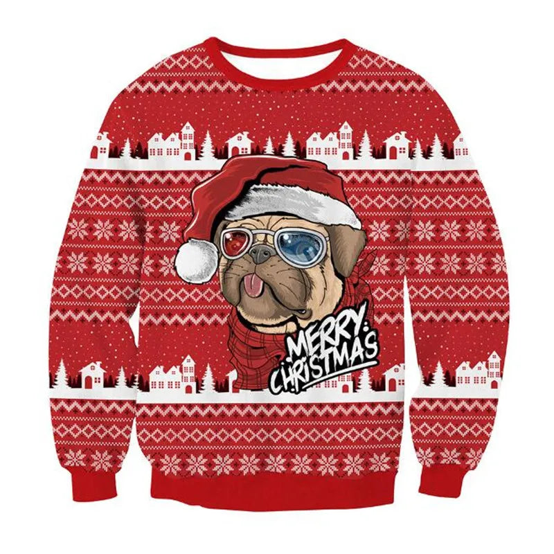 Red Christmas sweater featuring a pug wearing a Santa hat and sunglasses, with "Merry Christmas" text. Snowflake, town, and tree patterns in white adorn the background.