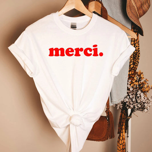 French Merci Letter Print Women's T-Shirt