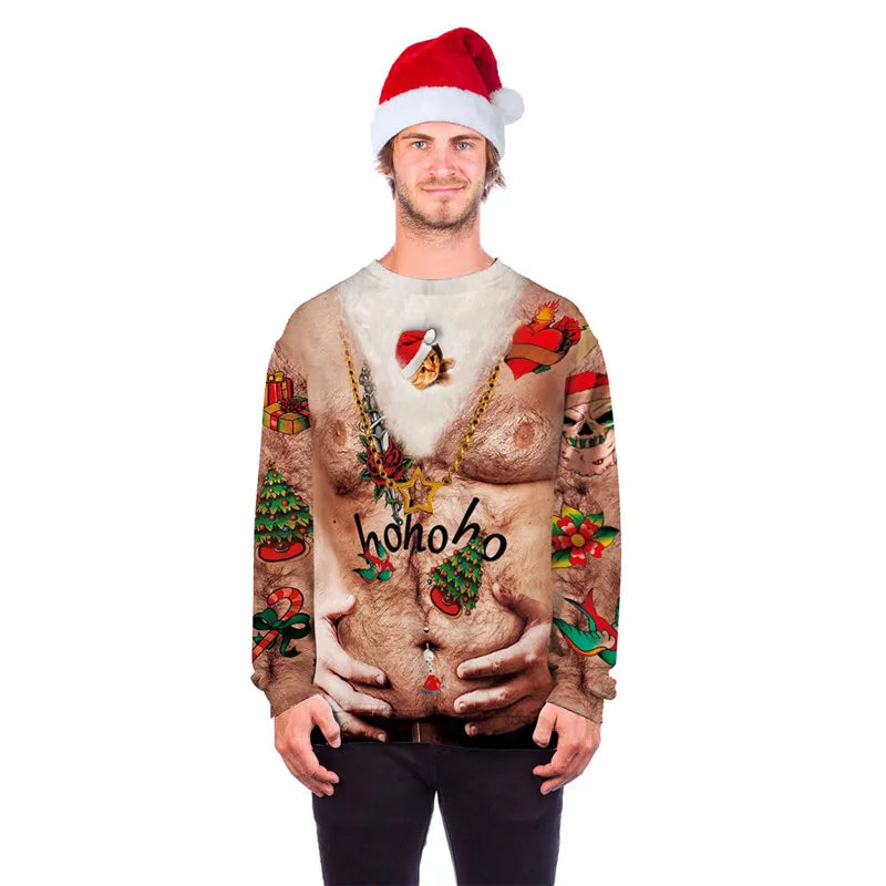 Man wearing a Santa hat and a playful Christmas sweater featuring a graphic of a hairy torso with festive decorations, including trees, gifts, and "ho ho ho."