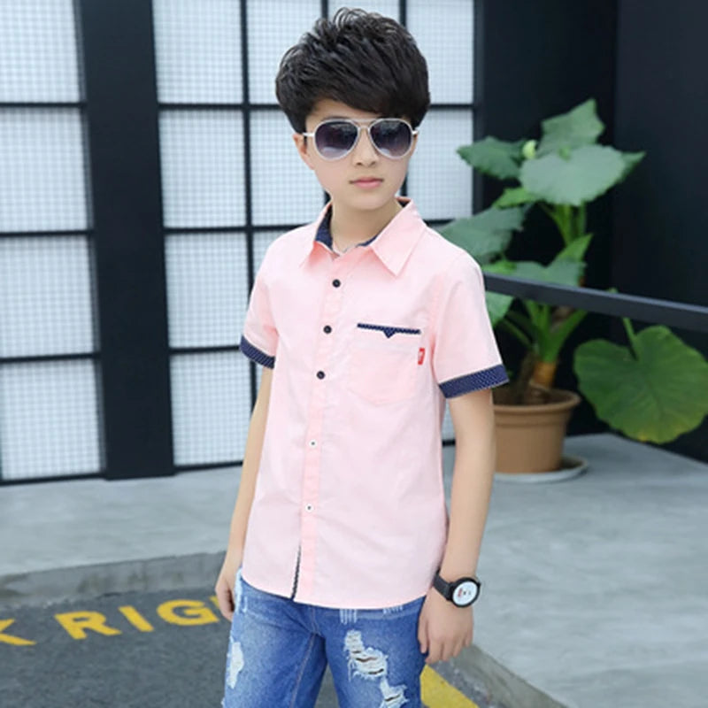 Boys Short Sleeve School Shirts - Cotton Turn-Down Collar Tops