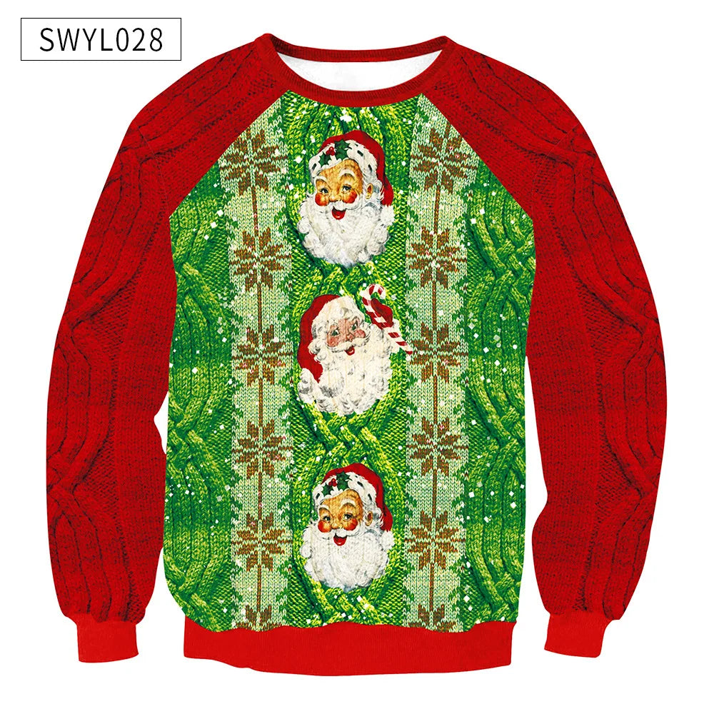 Festive sweater with red sleeves featuring a green pattern and three Santa faces adorned with red hats. Snowflakes and candy cane details add a wintry touch.