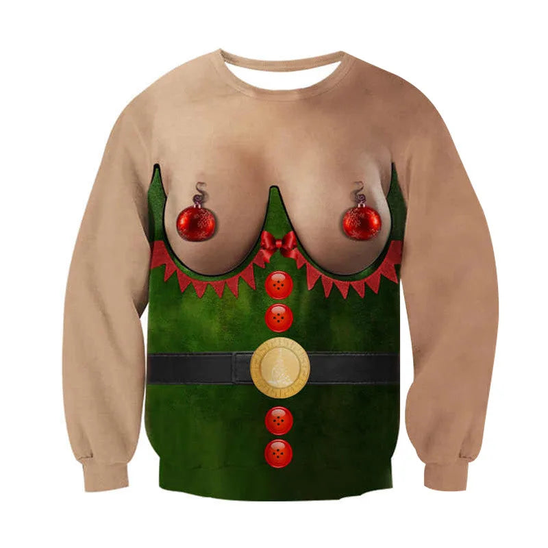 Festive sweater with a humorous design featuring a green elf outfit, complete with red buttons, a belt, and ornament-like decorations resembling red ball-shaped accessories.