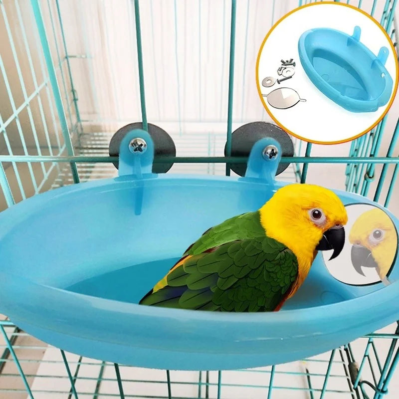 Pet Bird Bath Cage with Mirror - Blue