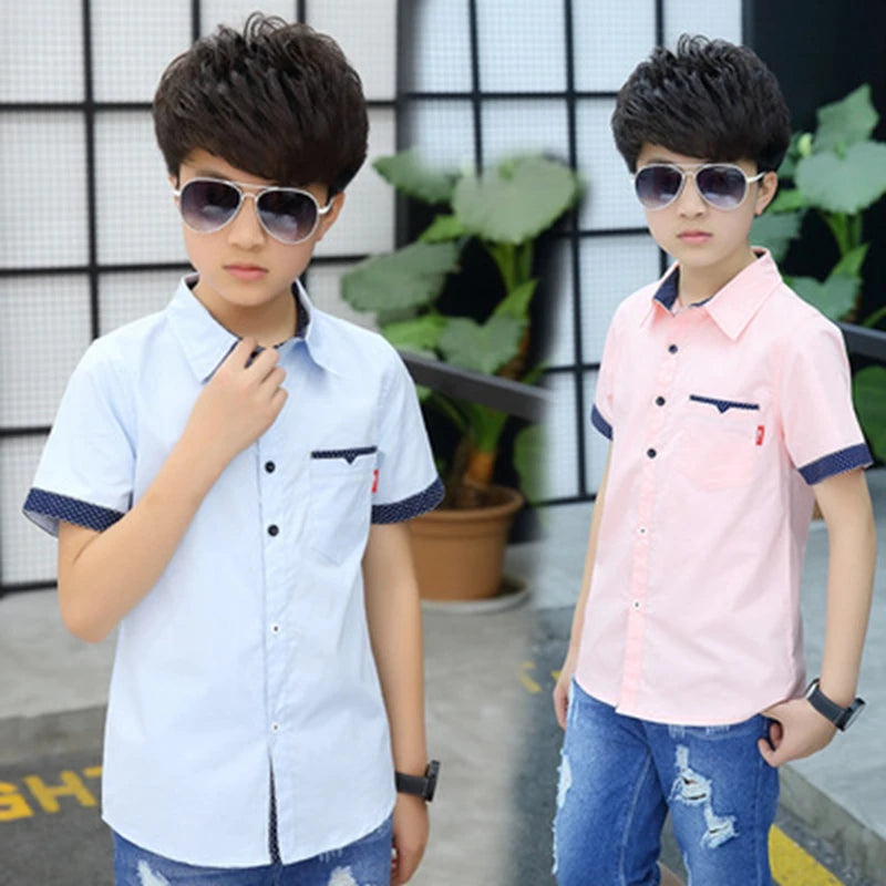 Boys Short Sleeve School Shirts - Cotton Turn-Down Collar Tops