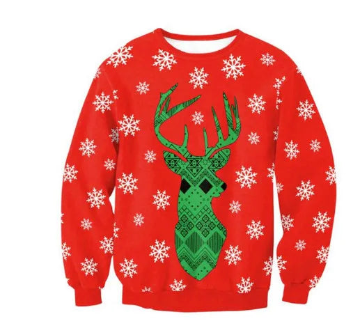 Red Christmas sweater featuring a green geometric reindeer design in the center, surrounded by white snowflakes.