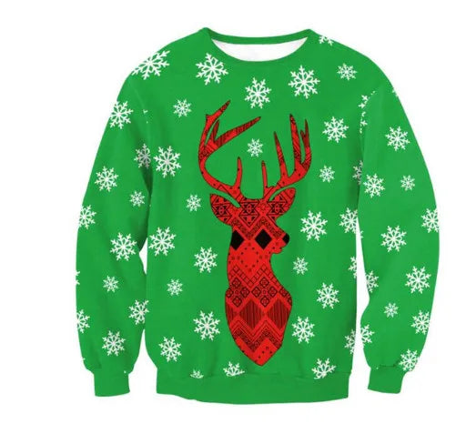 Green holiday sweater with a large, intricate red deer silhouette in the center, surrounded by white snowflake patterns.