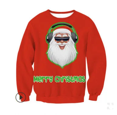 Red Christmas sweater featuring a cheerful Santa wearing sunglasses and headphones. "Merry Christmas" text is displayed below in green lettering with a snow-covered effect.