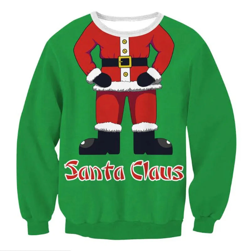 Green sweater with a Santa Claus outfit graphic, featuring a red suit and black boots. The words "Santa Claus" are printed below in festive red and white.
