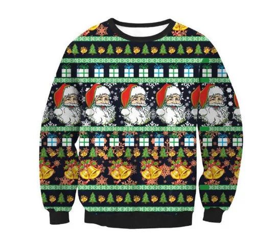 Festive sweater featuring rows of Santa faces, Christmas bells, gifts, and snowflakes in green, red, and gold on a black background. Perfect for holiday celebrations.