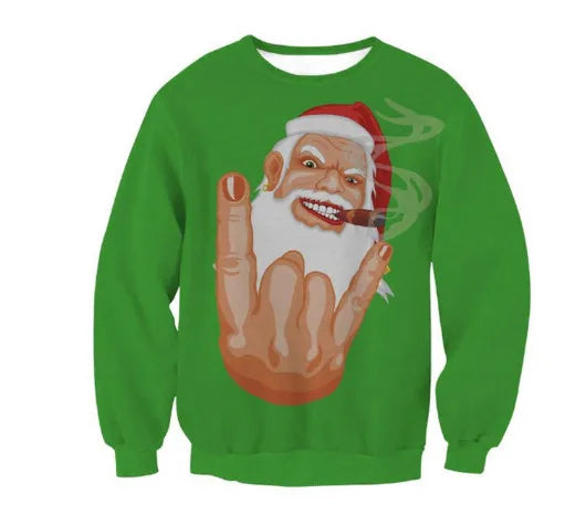 Green sweatshirt featuring an illustration of Santa Claus with a mischievous grin, wearing a Santa hat, smoking a cigar, and making a rock hand gesture.