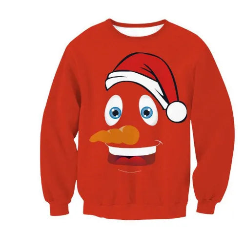 Red sweater with a graphic of a cartoon face wearing a Santa hat. The face has big blue eyes, a large orange nose, and a wide smile, creating a festive holiday look.