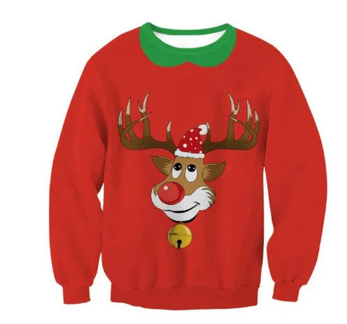Red Christmas sweater featuring a reindeer with antlers, wearing a Santa hat and a red nose. The neckline is green, resembling a collar with a white pattern.