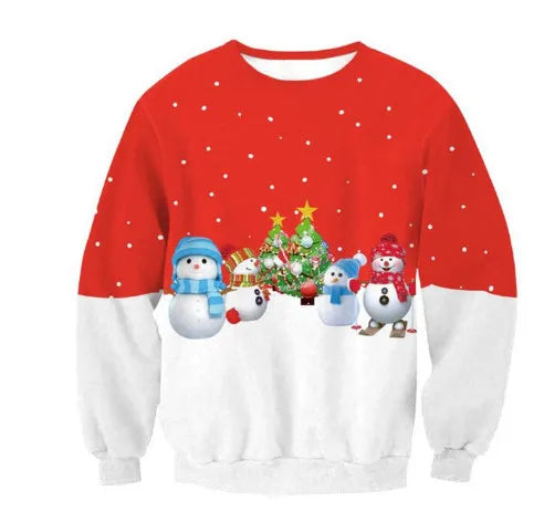 Christmas sweater featuring snowmen with hats and scarves on a red background, adorned with snowflakes and a decorated Christmas tree with presents at the center.