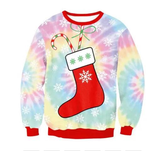 A colorful tie-dye Christmas sweater featuring a red stocking with snowflake designs, a candy cane, and a green bow, surrounded by white snowflakes on the fabric.