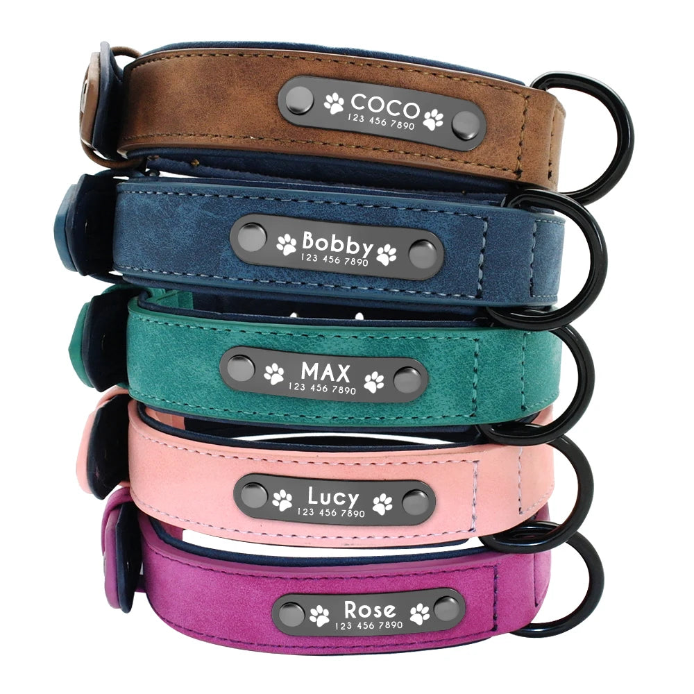 Personalized Leather Dog Collar - Custom Name ID Tags