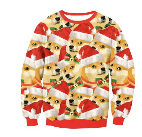 Festive Christmas sweater featuring a repeating pattern of Shiba Inu dogs wearing Santa hats and green bow ties, set against a red and white background.