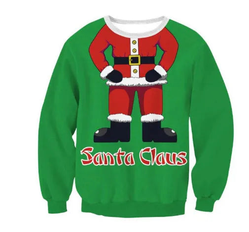 Green sweatshirt featuring a headless Santa suit with black boots and a belt. "Santa Claus" is written in festive red text at the bottom.
