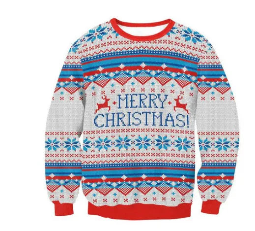 Red, white, and blue Christmas sweater featuring "Merry Christmas" text, reindeer, snowflake patterns, and zigzag designs with red ribbing on cuffs and hem.