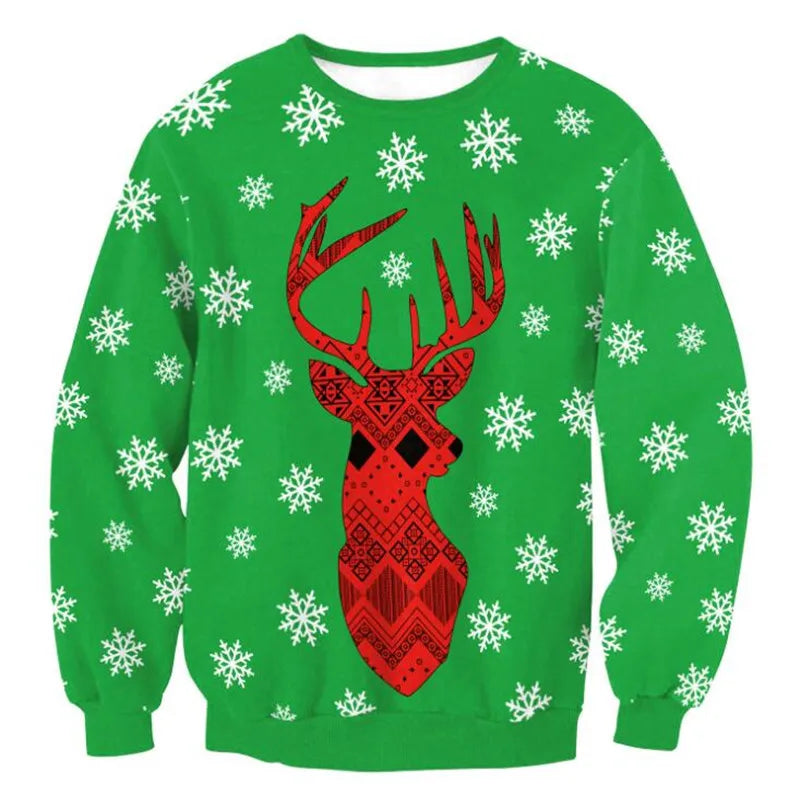 Green sweater with white snowflakes, featuring a red, patterned reindeer head in the center.
