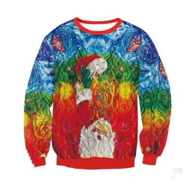 Colorful Christmas sweater featuring Santa Claus in a festive design with swirling vibrant patterns in blue, green, yellow, and red, embellished with stars and decorative motifs.