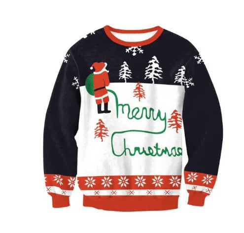 Novelty Christmas sweater featuring a knitted Santa urinating, forming the words "Merry Christmas" in green, with snowflakes, trees, and red accents on cuffs and hem.