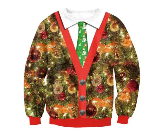 Festive sweater with a Christmas tree design, adorned with colorful ornaments and lights. Features a red cardigan style, white collar, and green tie with snowmen.
