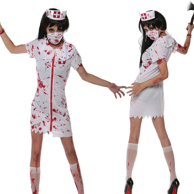 Person in a white nurse costume splattered with red, wearing a mask and hat. The outfit features jagged edges. They hold a faux axe, striking a dramatic pose.