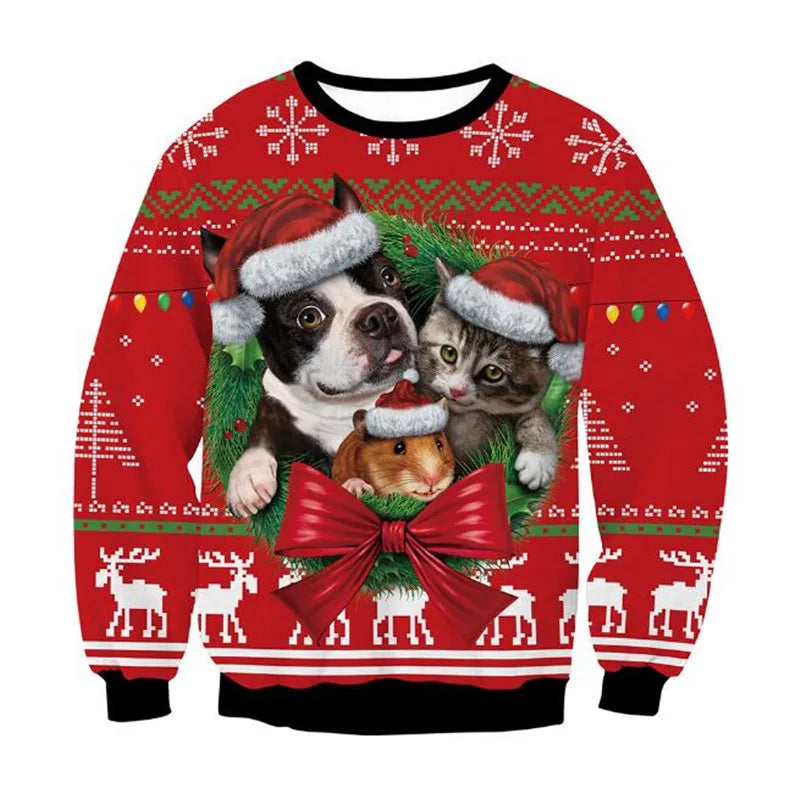 Red Christmas sweater with festive patterns, featuring a Boston Terrier, kitten, and guinea pig wearing Santa hats inside a wreath, adorned with a big red bow.