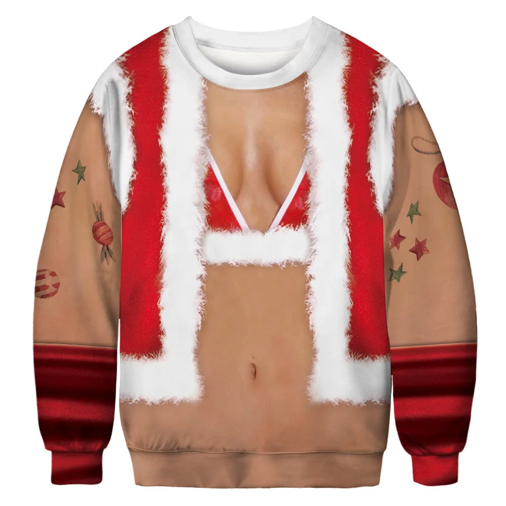 Novelty Christmas sweater with a photorealistic print of a red bikini under a Santa suit. The design includes tattooed arms and a faux bare midriff for a humorous effect.