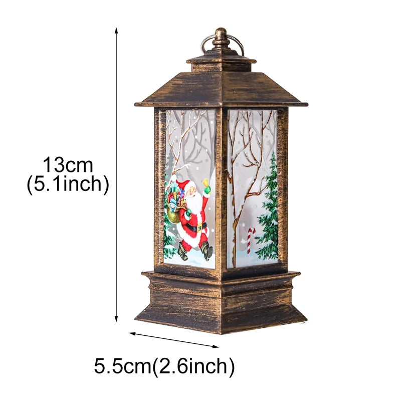 Rustic Christmas lantern with Santa image, snowy trees, and candy cane. Dimensions 13cm (5.1in) tall, 5.5cm (2.6in) wide.